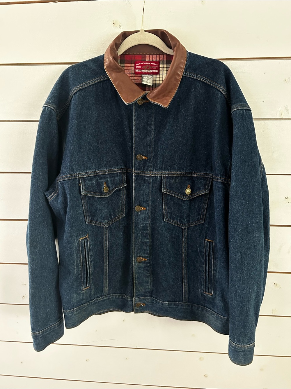 Vintage 90s Marlboro Country Store Denim Trucker Jacket Leather Collar Mens XL